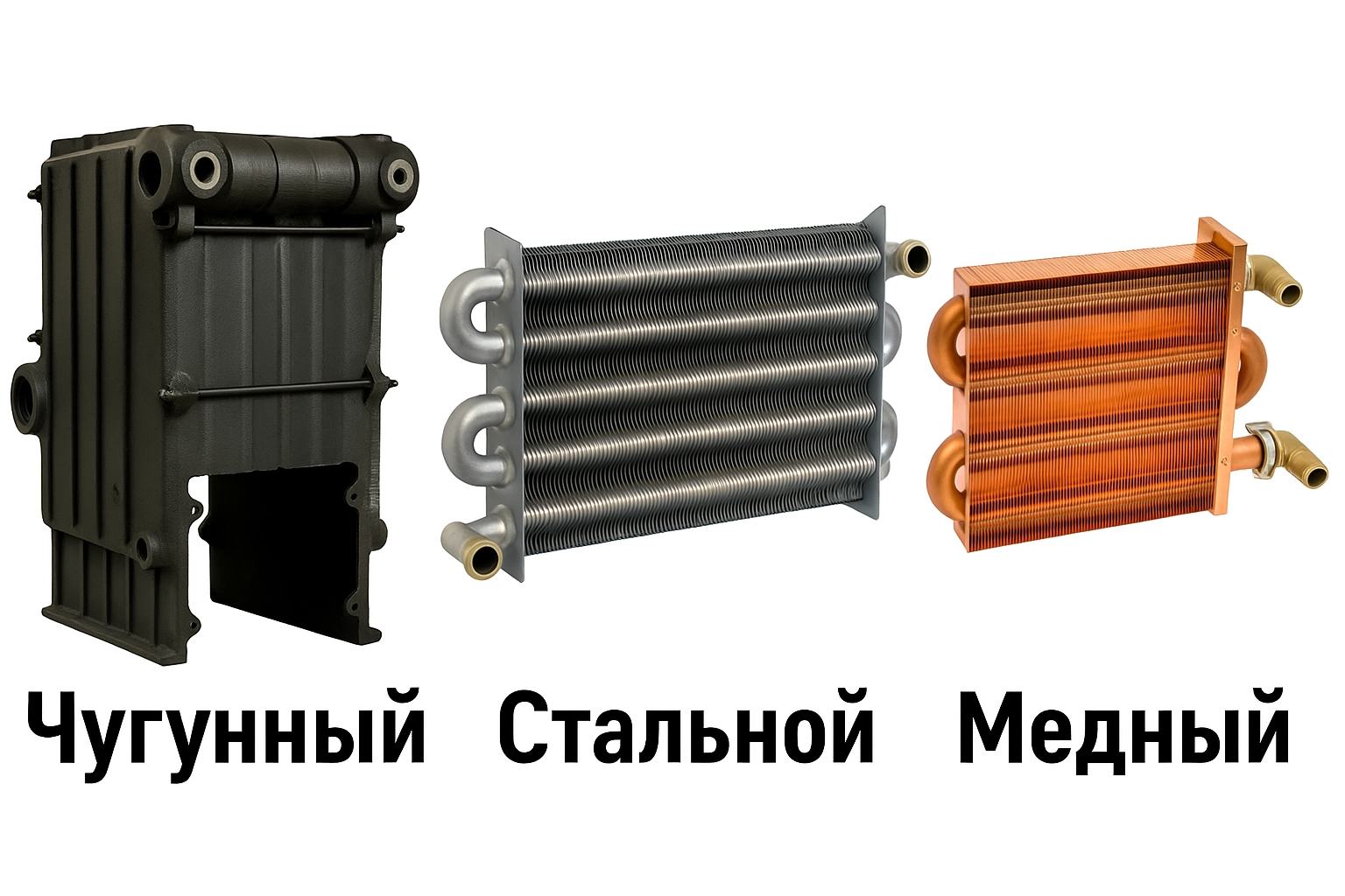 Технические иллюстрации трех теплообменников - чугунный, стальной, медный Технические иллюстрации трех теплообменников - чугунный, стальной, медный
