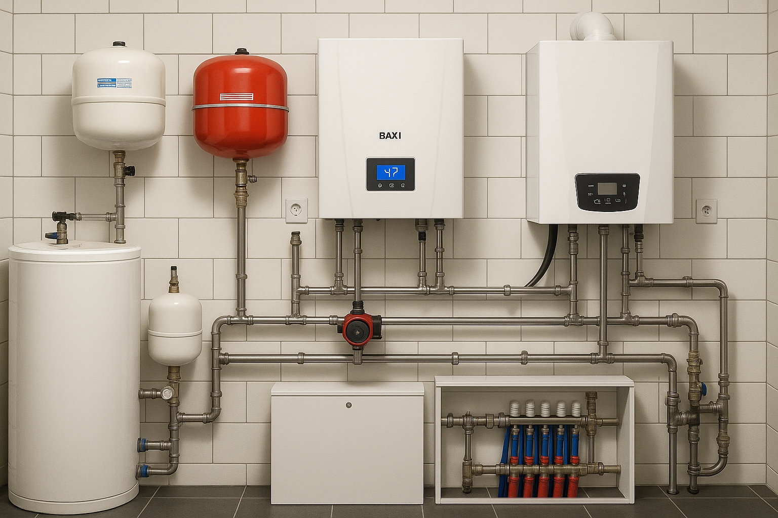 Современный газовый котел в котельной частного дома Современный газовый котел в котельной частного дома