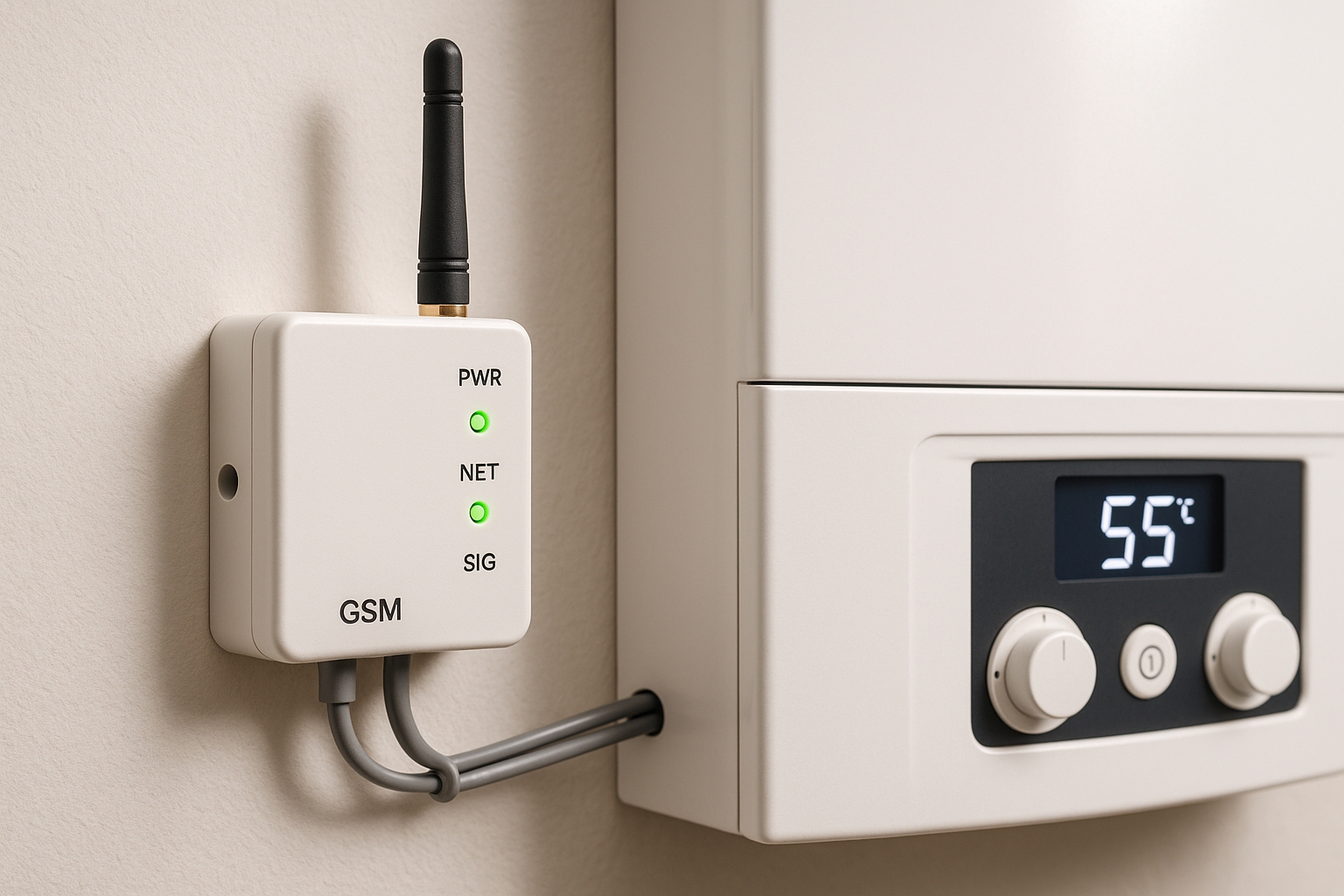 GSM-модуль, подключенный к котлу отопления GSM-модуль, подключенный к котлу отопления